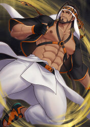 Rule 34 | 1boy, abs, arabian clothes, bara, bare pectorals, beard, black headband, dark-skinned male, dark skin, facial hair, foot out of frame, from below, full beard, gluteal fold, headband, highres, large pectorals, male focus, mature male, muscular, muscular male, navel, nipples, paid reward available, pectorals, rashid (street fighter), solo, sparse chest hair, sparse navel hair, stomach, street fighter, street fighter 6, thick thighs, thighs, yzpyn