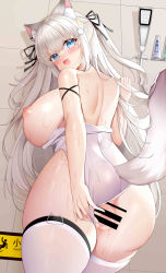 Rule 34 | 1girl, animal ears, arlene (ju), armlet, black ribbon, blue eyes, breasts, cat ears, cat girl, cat tail, censored, clothing aside, cowboy shot, fang, feather hair ornament, from behind, hair ornament, hair ribbon, highres, holding, holding behind back, huge breasts, indoors, long hair, looking at viewer, looking back, mole, mole under eye, nipples, one-piece swimsuit, open mouth, original, pom pom (clothes), pom pom hair ornament, pussy, ribbon, shower, smile, solo, swimsuit, swimsuit aside, tail, thighhighs, thighs, two side up, wet, white hair, white thighhighs