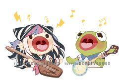 Rule 34 | 1girl, beamed eighth notes, big mouth, black hair, blue hair, chibi, commentary, criis-chan, cropped torso, danganronpa (series), danganronpa 2: goodbye despair, ear piercing, eighth note, english commentary, guitar, hair horns, holding, instrument, kermit the frog, long hair, mioda ibuki, multicolored hair, muppets, musical note, open mouth, piercing, pink hair, polo shirt, shirt, solo, tongue, twitter username, two-tone hair, white hair, white shirt