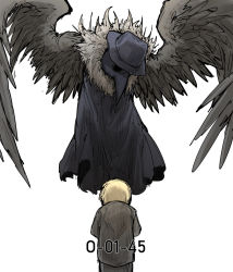 Rule 34 | 2others, bad id, bad pixiv id, black dress, black wings, blonde hair, dress, employee (project moon), feathered wings, flying, grey shirt, hat, kankan33333, lobotomy corporation, looking down, multiple others, non-web source, plague doctor (project moon), plague doctor mask, praying, project moon, shirt, white background, wings
