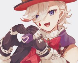 Rule 34 | 1boy, bow, bowtie, genshin impact, grey hair, hat, heart, heart hands, highres, looking at viewer, lyney (genshin impact), male focus, nekorin chu, open mouth, purple eyes, red bow, red bowtie, short hair, simple background, solo, teardrop facial mark, teardrop tattoo, top hat, upper body, white background
