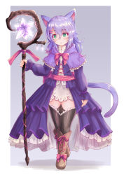 Rule 34 | 1girl, absurdres, animal ears, black thighhighs, blush, boots, border, cat ears, cat girl, cat tail, closed mouth, cocoasabure, cross-laced footwear, dress, facing viewer, full body, green eyes, hair between eyes, hair ornament, hairclip, highres, holding, long hair, looking to the side, pixiv fantasia, pixiv fantasia last saga, purple dress, purple hair, simple background, solo, staff, standing, tail, thighhighs, white border, zettai ryouiki