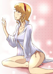 Rule 34 | 1girl, alice margatroid, bad id, bad pixiv id, blonde hair, blouse, breasts, cleavage, collared shirt, medium breasts, no pants, non (z-art), panties, pink background, shirt, short hair, side-tie panties, sitting, solo, touhou, underwear, white shirt
