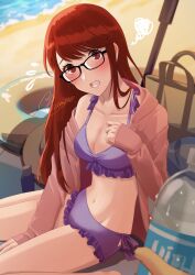 Rule 34 | 1girl, 1other, absurdres, alternate costume, aznmeee, beach, bikini, black-framed eyewear, blush, bottle, breasts, cleavage, collarbone, commentary request, flustered, flying sweatdrops, highres, holding, holding bottle, hood, hood down, hooded jacket, jacket, long hair, long sleeves, looking at viewer, lower teeth only, navel, open clothes, open jacket, open mouth, out of frame, persona, persona 5, persona 5 the royal, pink jacket, pov, pov hands, purple bikini, red eyes, red hair, sand, shadow, signature, sitting, sleeves past wrists, small breasts, stomach, sweat, swimsuit, teeth, water, water bottle, yoshizawa sumire