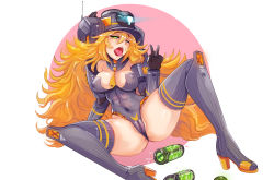 Rule 34 | 1girl, abs, animification, anus, battery, battery removed, blonde hair, boots, breasts, covered erect nipples, covered navel, green eyes, hair between eyes, helmet, high heel boots, high heels, highres, hmage, knee boots, large breasts, long hair, looking at viewer, mecha musume, navel, nipples, personification, pussy, pussy juice, see-through, sexually suggestive, solo, spread legs, sticky fingers, thighhighs, titanfall, titanfall (series), titanfall 2, tone (titanfall 2), uncensored, v