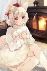 Rule 34 | 1girl, alternate costume, animal ears, blush, casual, commentary, contemporary, feet out of frame, fireplace, hair between eyes, hair ribbon, hat, hugging own tail, hugging tail, indoors, inubashiri momiji, knee up, lens flare, looking at viewer, natsuki (ukiwakudasai), parted lips, pom pom (clothes), red eyes, red ribbon, ribbon, short hair, silver hair, sitting, solo, sweater, tail, thighs, tokin hat, touhou, turtleneck, turtleneck sweater, white sweater, wolf ears, wolf tail