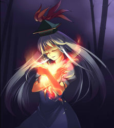Rule 34 | 1girl, bamboo, bamboo forest, beihan, blue hair, closed eyes, female focus, fire, forest, glowing, hands on own chest, hat, kamishirasawa keine, kokka han, long hair, nature, night, silver hair, sky, smile, solo, touhou