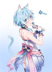 Rule 34 | 1girl, alternate costume, animal ear fluff, animal ears, back bow, bare shoulders, blue bow, blush, bow, cat ears, cat tail, gloves, hair between eyes, highres, holding, holding microphone, idol, knokzm, looking at viewer, looking back, microphone, pink bow, sinon, sinon (sao-alo), sleeveless, solo, sword art online, tail, white gloves