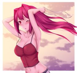 Rule 34 | 1girl, ;o, armpits, arms behind head, bare shoulders, belt, black belt, blush, border, breasts, camisole, capri pants, cleavage, cloud, collarbone, commentary request, evening, hair between eyes, hair down, hair intakes, hair ribbon, highres, holding, holding ribbon, large breasts, long hair, looking at viewer, midriff, navel, off shoulder, one eye closed, orange sky, pants, red camisole, ribbon, sky, solo, soukitsu, twitter username, under night in-birth, untied, upper body, white border, white pants, white ribbon, yuzuriha (under night in-birth)