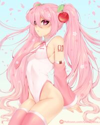 Rule 34 | adapted costume, cherry blossoms, cherry hair ornament, collared leotard, commentary, cowboy shot, detached sleeves, food-themed hair ornament, gomicake, hair ornament, hatsune miku, highleg, highleg leotard, highres, leotard, long hair, necktie, pink hair, pink necktie, pink thighhighs, sakura miku, thighhighs, twintails, vocaloid, white leotard