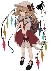 Rule 34 | 1girl, absurdres, ascot, backpack, bag, black footwear, blonde hair, collared shirt, crystal, flandre scarlet, frilled shirt collar, frills, full body, hat, highres, laevatein (touhou), long hair, mob cap, one side up, ougiikun, pointy ears, red eyes, red skirt, red vest, shirt, shoes, simple background, skirt, socks, solo, touhou, vest, white background, white hat, white shirt, white socks, wings, yellow ascot