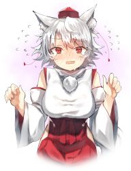 Rule 34 | 1girl, @ @, animal ear fluff, animal ears, bare shoulders, blush, commentary request, cowboy shot, detached sleeves, fang, flying sweatdrops, gradient background, hair between eyes, hakama, hakama short skirt, hakama skirt, hands up, hat, highres, hip vent, inubashiri momiji, japanese clothes, long sleeves, looking at viewer, nose blush, open mouth, pink background, pom pom (clothes), red eyes, red skirt, shirt, short hair, silver hair, skin fang, skirt, solo, standing, suminagashi, tail, tassel, tears, tokin hat, touhou, white background, white shirt, wide sleeves, wolf ears, wolf tail