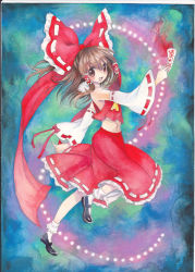 Rule 34 | 1girl, :d, bare shoulders, bow, brown eyes, brown hair, colored pencil (medium), detached sleeves, female focus, hair bow, hair ribbon, hakurei reimu, japanese clothes, looking at viewer, miko, mosho, navel, ofuda, open mouth, painting (medium), ribbon, smile, solo, touhou, traditional media, watercolor (medium)