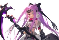 Rule 34 | 1girl, armor, black bow, black gloves, black leotard, bow, breastplate, collar, fate/grand order, fate (series), gloves, hair intakes, headband, highres, holding, holding scythe, holding weapon, leotard, long hair, looking at viewer, medusa (fate), medusa (lancer) (fate), ponytail, purple eyes, purple hair, rider, scythe, sidelocks, simple background, solo, uby401, very long hair, weapon, white background