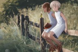 Rule 34 | 10s, 2girls, arm support, bad id, bad pixiv id, blonde hair, blue eyes, brown eyes, brown hair, fence, grass, hat, kantai collection, looking to the side, makio (makiomeigenbot), multiple girls, parted lips, profile, sandals, sitting, z1 leberecht maass (kancolle), z3 max schultz (kancolle)