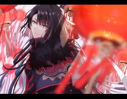 Rule 34 | 1boy, alternate hairstyle, black hair, chinese clothes, closed mouth, coat, coat on shoulders, commentary request, fate/grand order, fate (series), fur coat, fur collar, fur trim, hair between eyes, high collar, highres, letterboxed, long hair, looking at viewer, looking to the side, male focus, official alternate costume, print coat, purple eyes, smile, solo, sui min min, tai gong wang (fate), upper body, very long hair