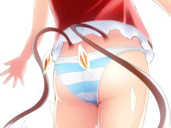 Rule 34 | 1girl, ass, ass focus, close-up, female focus, flandre scarlet, from behind, gluteal fold, low wings, mantarou (shiawase no aoi tori), no pants, panties, simple background, solo, striped clothes, striped panties, touhou, underwear, wallpaper, white background, wings