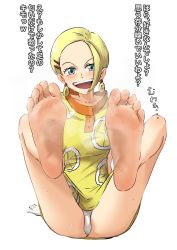 Rule 34 | 1girl, artist request, barefoot, blonde hair, blue eyes, blush, feet, foot focus, highres, looking at viewer, medium hair, miss valentine, one piece, open mouth, panties, pantyshot, smell, soles, steam, toes, translated, underwear