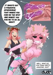 Rule 34 | 10s, 2girls, absurdres, anal, ashido mina, bare arms, bent over, black sclera, blush, boku no hero academia, breasts, clenched teeth, clothed sex, collarbone, colored sclera, colored skin, cross-section, dildo, dude-doodle, english text, female orgasm, fingerless gloves, gloves, hatsume mei, highres, holding another&#039;s wrist, horns, leaning forward, legs apart, medium breasts, multiple girls, navel, nipples, open mouth, orgasm, pink hair, purple skin, pussy juice, rolling eyes, saliva, sex, sex from behind, sex toy, shiny skin, smile, standing, standing sex, strap-on, tank top, teeth, topless, vaginal, yellow eyes, yuri