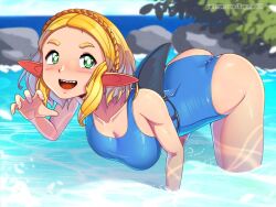 Rule 34 | 1girl, ass, bare shoulders, bent over, blonde hair, blush, breasts, green eyes, half updo, kagato007, large breasts, leaning, leaning forward, looking at viewer, nintendo, one-piece swimsuit, open mouth, pointy ears, princess zelda, shark fin, sharp teeth, short hair, smile, solo, swimsuit, teeth, the legend of zelda, the legend of zelda: tears of the kingdom, water, wet, wet hair