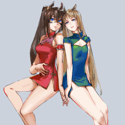 Rule 34 | 2girls, alternate costume, arm garter, bare shoulders, blue eyes, breasts, brown hair, china dress, chinese clothes, domino mask, dress, el condor pasa (umamusume), feet out of frame, grass wonder (umamusume), green dress, grey background, hand on own stomach, high collar, highres, holding hands, lips, long hair, looking at viewer, mask, medium breasts, multiple girls, otimusyairoha, parted lips, ponytail, red dress, short dress, short sleeves, simple background, sitting, sleeveless, sleeveless dress, small breasts, umamusume