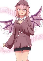Rule 34 | 1girl, alternate costume, animal ears, beamed eighth notes, bird ears, bird wings, blush, brown headwear, brown hoodie, eighth note, feet out of frame, fingernails, green nails, hair between eyes, highres, hood, hoodie, long fingernails, long sleeves, mizune (winter), musical note, mystia lorelei, nail polish, open mouth, pink eyes, pink hair, quarter note, sharp fingernails, short hair, smile, solo, touhou, white wings, winged hat, wings