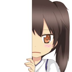 Rule 34 | 10s, 1girl, blush stickers, brown eyes, brown hair, japanese clothes, kaga (kancolle), kantai collection, looking at viewer, nagineko, peeking out, side ponytail, solo, transparent background