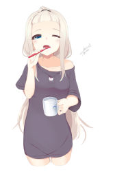 Rule 34 | 1girl, bangs pinned back, black shirt, blue eyes, blush, breasts, brushing teeth, collarbone, commentary, cowboy shot, cropped legs, cup, dated, forehead, holding, holding cup, light brown hair, long hair, looking at viewer, medium breasts, mug, off shoulder, one eye closed, open mouth, original, romaji commentary, shirasu youichi, shirt, short sleeves, signature, simple background, solo, tears, toothbrush, very long hair, white background