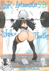 Rule 34 | 1girl, anonymous, ass, exercising, gloves, goosuka, hairband, high heels, leotard, mirror, nier:automata, nier (series), size difference, square enix, squatting, stepped on, sweat, thighhighs, weightlifting, white hair
