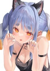 Rule 34 | 1girl, alternate animal ears, animal ear fluff, animal ears, bare shoulders, black choker, black tank top, blue hair, blue nails, blush, braid, breasts, choker, cleavage, collarbone, commentary, hands up, highres, hololive, long hair, looking at viewer, medium breasts, multicolored hair, open mouth, short eyebrows, solo, sweat, tank top, tefu ekaki, thick eyebrows, twin braids, twintails, two-tone hair, usada pekora, virtual youtuber, white hair