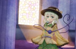 Rule 34 | 1girl, blouse, breasts, checkered floor, collarbone, cowboy shot, dutch angle, floral print, frilled shirt collar, frilled sleeves, frills, green eyes, green skirt, hair between eyes, hat, hat ribbon, heart, heart of string, indoors, komeiji koishi, long sleeves, looking at viewer, open mouth, pillar, ribbon, shirt, short hair, silver hair, skirt, sleeves past fingers, sleeves past wrists, small breasts, solo, stained glass, sunlight, third eye, tile floor, tiles, touhou, window, yellow shirt, ys kosato