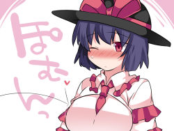 Rule 34 | 1girl, ;(, between breasts, blush, bouncing breasts, breasts, capelet, commentary request, hammer (sunset beach), hat, heart, large breasts, nagae iku, necktie, necktie between breasts, one eye closed, purple hair, red eyes, short hair, solo, sweat, symbol ricochet, touhou, translation request, upper body
