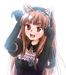 Rule 34 | 1girl, brown hair, fangs, holo, maid, open mouth, paw pose, red eyes, spice and wolf, zatsudan
