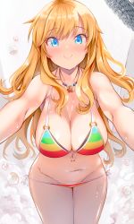 Rule 34 | 1girl, aonaga heri, bare arms, bikini, blonde hair, blue eyes, blush, breasts, bubble, cleavage, front-tie top, groin, halterneck, idolmaster, idolmaster cinderella girls, indoors, jewelry, large breasts, layered bikini, long hair, looking at viewer, lowleg, multicolored bikini, multicolored clothes, navel, necklace, o-ring, o-ring bikini, ohtsuki yui, outstretched arms, shower (place), shower head, showering, side-tie bikini bottom, smile, solo, steam, string bikini, striped bikini, striped clothes, swimsuit, wet