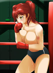 Rule 34 | 00s, 1girl, blood, boxing, boxing gloves, boxing ring, breast press, breasts, breath, bruise, buruma, collarbone, earrings, freckles, gundam, gundam 00, huge breasts, injury, jewelry, long hair, looking away, mizuno kakeru, navel, nena trinity, red hair, solo, standing, sweat, tears, thighs, topless, twintails, two side up, yellow eyes