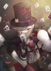 Rule 34 | 1boy, ;3, ;p, absurdres, arm up, artist name, black capelet, black corset, black gloves, black hat, blurry, blurry foreground, blush, bow, bowtie, capelet, card, center frills, character name, closed mouth, commentary, confetti, corset, detached sleeves, english commentary, eyelashes, facial mark, floating card, frills, genshin impact, gloves, grey hair, hand up, hat, highres, holding, holding card, lens flare, light particles, long sleeves, looking at viewer, lyney (genshin impact), male focus, nichi (dsmh7383), one eye closed, parted bangs, playing card, purple eyes, red bow, red bowtie, shirt, short hair, signature, sleeveless, sleeveless shirt, smile, solo, swept bangs, teardrop facial mark, tongue, tongue out, two-tone gloves, white gloves, white shirt, white sleeves