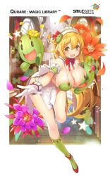 Rule 34 | 1girl, apron, armband, bikini, blonde hair, blush, breasts, cactus, character request, company name, copyright name, detached collar, flower, gloves, green bikini, green eyes, green socks, headdress, holding, kneehighs, large breasts, long hair, open mouth, popqn, qurare magic library, socks, solo, swimsuit, white gloves