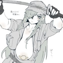 Rule 34 | 1girl, baseball cap, belt, black gloves, breast pocket, breasts, closed mouth, collarbone, collared shirt, colored skin, ettone, fingerless gloves, gloves, hair over one eye, hair over shoulder, hat, hataraku saibou, hataraku saibou black, highres, holding, holding sword, holding weapon, large breasts, long hair, looking at viewer, one breast out, open clothes, open shirt, pasties, pocket, shirt, short sleeves, simple background, solo, sword, translation request, u-1196, upper body, weapon, white background, white blood cell (hataraku saibou), white skin