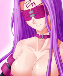 Rule 34 | 1girl, akimichi, bare shoulders, blindfold, breasts, cleavage, collar, elbow gloves, facial mark, fate/stay night, fate (series), forehead mark, gloves, huge breasts, light smile, medusa (fate), medusa (rider) (fate), solo, upper body