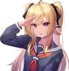 Rule 34 | 1girl, ahoge, alternate costume, antenna hair, blonde hair, blurry, bokeh, breasts, commentary, depth of field, eyelashes, hair between eyes, hair ornament, hand up, highres, long hair, looking at viewer, open mouth, original, parted lips, red eyes, salute, school uniform, shakkiyi, simple background, small breasts, solo, twintails, upper body, white background