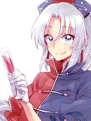 Rule 34 | 1girl, 6 (yuchae), alcohol, cup, drinking glass, gloves, grey eyes, hat, looking at viewer, smile, solo, touhou, upper body, white hair, wine, wine glass, yagokoro eirin