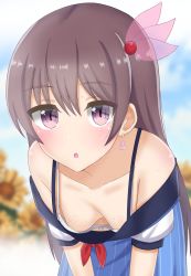 Rule 34 | 1girl, absurdres, bare shoulders, blurry, blurry background, blush, bra, breasts, brown hair, cloud, downblouse, earrings, flower, hair ornament, hanging breasts, highres, jewelry, kantai collection, katsuragi b k, kisaragi (kancolle), leaning forward, long hair, looking at viewer, open mouth, outdoors, purple eyes, shell, shell earrings, sky, small breasts, solo, sunflower, sweat, underwear, white bra