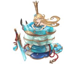Rule 34 | 10s, 1girl, bare shoulders, blonde hair, blue eyes, boots, charlotta (granblue fantasy), collarbone, crown, granblue fantasy, hair ornament, harvin, innertube, long hair, looking at viewer, minaba hideo, official art, pointy ears, see-through, skirt, solo, starfish hair ornament, swim ring, sword, transparent background, weapon