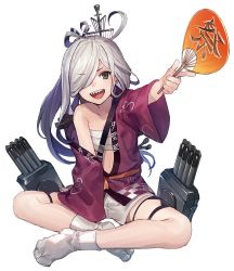 Rule 34 | 1girl, ahoge, asashimo (kancolle), full body, hair ornament, hair over one eye, happi, holding, indian style, japanese clothes, kantai collection, long hair, looking at viewer, sarashi, sharp teeth, grey eyes, silver hair, simple background, sitting, smile, solo, sugimoto (niboshiumai), tabi, teeth, thigh strap, white background, white legwear, wide sleeves