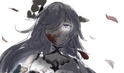 Rule 34 | 1girl, bare shoulders, blood, blood on face, blue eyes, closed mouth, commentary, dress, fu hua, fu hua (azure empyrea), glowing, glowing eye, grey hair, h3 hk, hair over one eye, highres, honkai (series), honkai impact 3rd, long hair, looking at viewer, petals, simple background, sketch, sleeveless, sleeveless dress, solo, upper body, white background, white dress