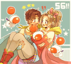 Rule 34 | 1990s (style), 1boy, 1girl, akino rinko, blonde hair, boots, brown hair, bartz klauser, carrying, final fantasy, final fantasy v, final fantasy vi, long hair, moogle, princess carry, red footwear, shoes, skirt, tina branford