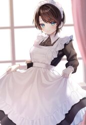 Rule 34 | 1girl, alternate costume, apron, black dress, blue eyes, blurry, blurry background, blush, breasts, brown hair, closed mouth, collared dress, curtains, dress, eyelashes, feet out of frame, frilled apron, frills, highres, hololive, indoors, long sleeves, maid, maid apron, maid headdress, medium breasts, oozora subaru, parted bangs, puffy sleeves, short hair, sidelocks, skirt hold, smile, solo, standing, swept bangs, toramaru (toramal9831), virtual youtuber, white apron, window