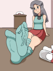 Rule 34 | 1girl, 1other, absurdres, creatures (company), feet, foot focus, game freak, giant, giantess, highres, leaf (pokemon), legs, nintendo, original, pokemon, pokemon frlg, red skirt, shoes, size difference, skirt, socks, tsukai91, under another&#039;s clothes, unworn shoes