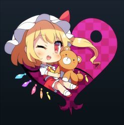 Rule 34 | 1girl, 60mai, ascot, black background, blonde hair, blush, chibi, commentary request, crystal, flandre scarlet, full body, hat, hat ribbon, heart, holding, holding stuffed toy, long hair, looking at viewer, mob cap, one eye closed, one side up, open mouth, petticoat, puffy short sleeves, puffy sleeves, red eyes, red footwear, red ribbon, red skirt, red vest, ribbon, shirt, shoes, short sleeves, sidelocks, simple background, skirt, skirt set, smile, socks, solo, stuffed animal, stuffed toy, teddy bear, touhou, vest, white hat, white shirt, white socks, wings, yellow ascot