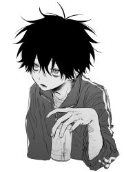 Rule 34 | 1boy, bags under eyes, bandaid, bandaid on arm, can, commentary request, cuts, greyscale, hair between eyes, highres, holding, holding can, imai akira, injury, jacket, long sleeves, looking up, male focus, messy hair, monochrome, original, parted lips, self-harm, short hair, simple background, solo, track jacket, upper body, wrist cutting